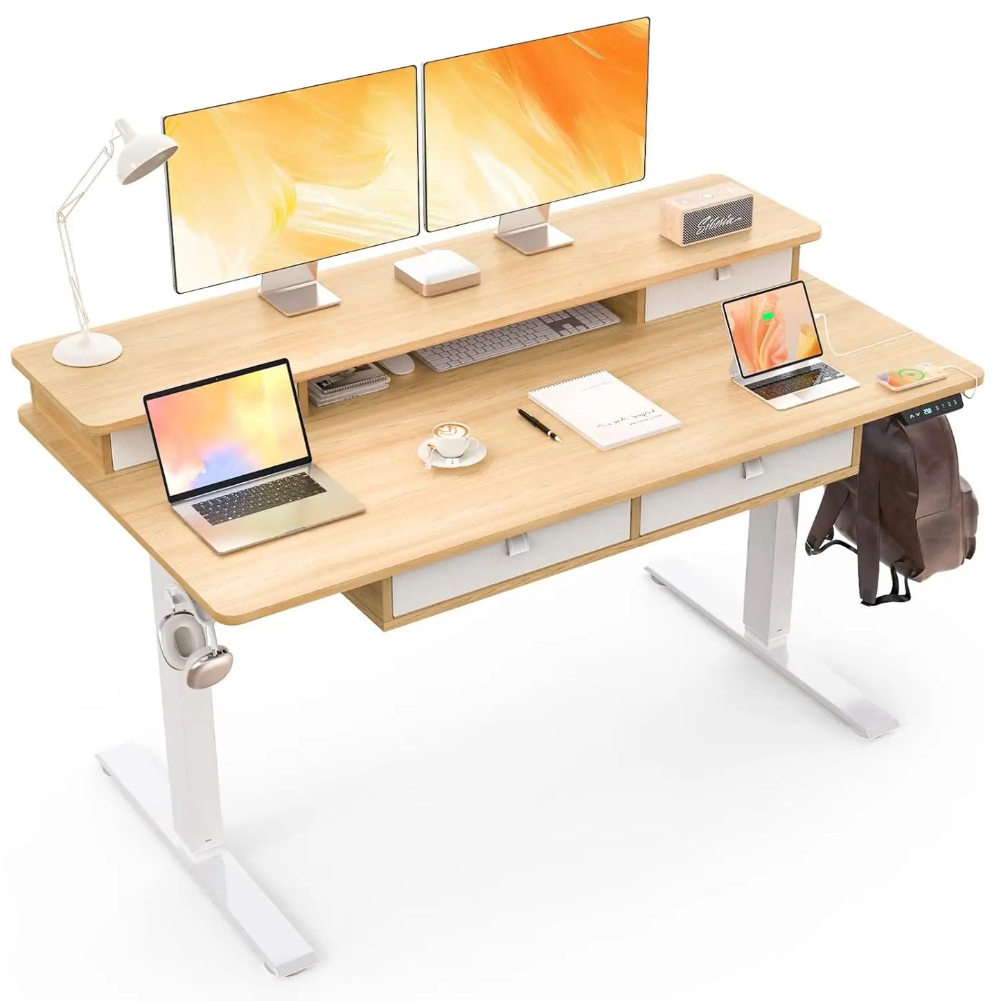 55 * 30 Inches Electric Standing Widened Desk Adjustable Height with 4 Drawers, Double Storage Shelves Stand Up, Customized