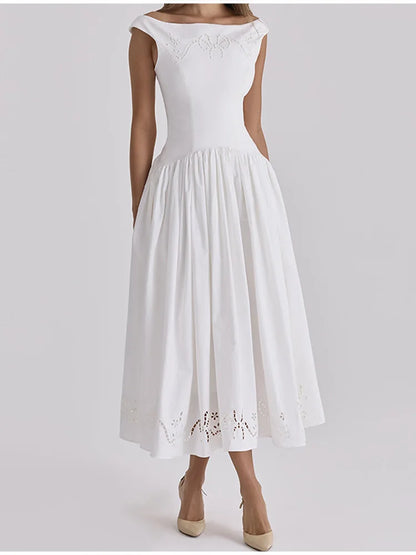 Minimalist White Boat Neck Midi Dress Women Elegant Cap Sleeve A-line Flare Eyelet Embroidery Vestido Wedding  Formal Party Gown