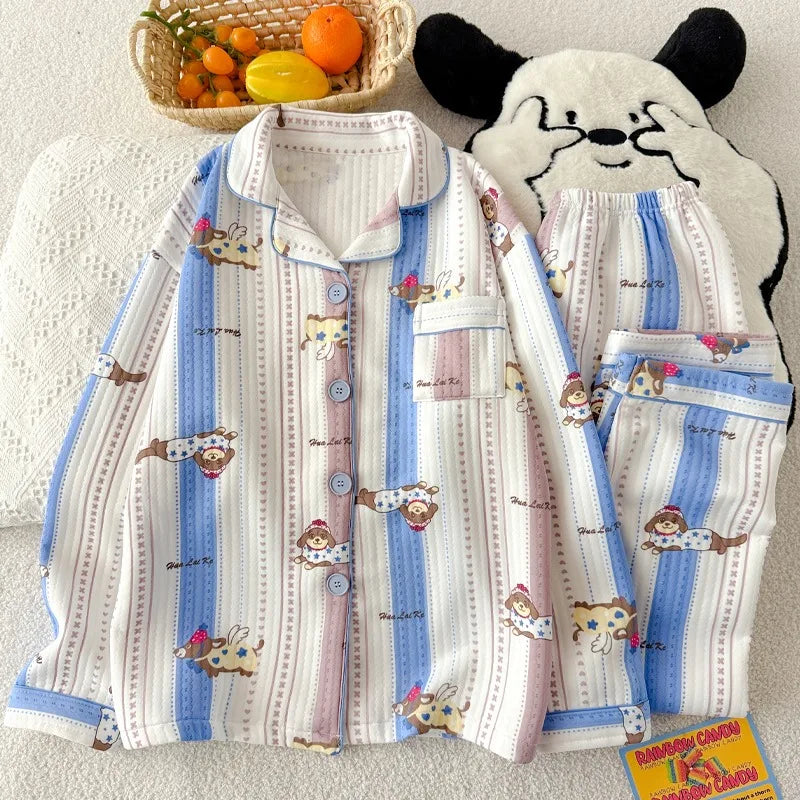 Striped Dog Print Korean Casual Loungewear for Women Sweet Cute Lapel Neck Women's Pajamas Set Autumn Winter New 2 PCS Sleepwear