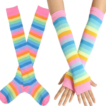 TRALOW Womens Socks Striped Knee High Socks Arm Warmer Fingerless Gloves Set Costume Accessories for Cosplay Christmas Punk