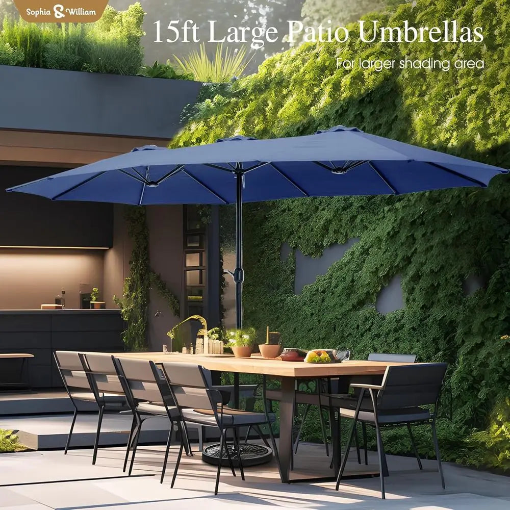 15ft Extra Large Outdoor Patio Umbrella with Base, Heavy Duty Double-sided Fade Resistant, Ideal for Pool, Garden, Backyard, Haz