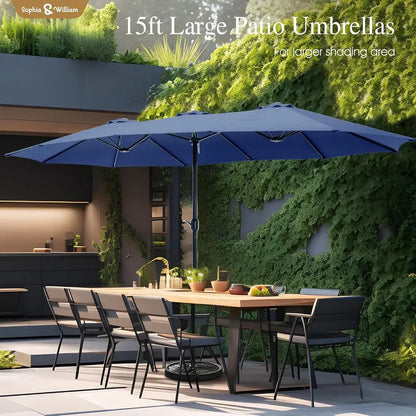 15ft Extra Large Outdoor Patio Umbrella with Base, Heavy Duty Double-sided Fade Resistant, Ideal for Pool, Garden, Backyard, Haz