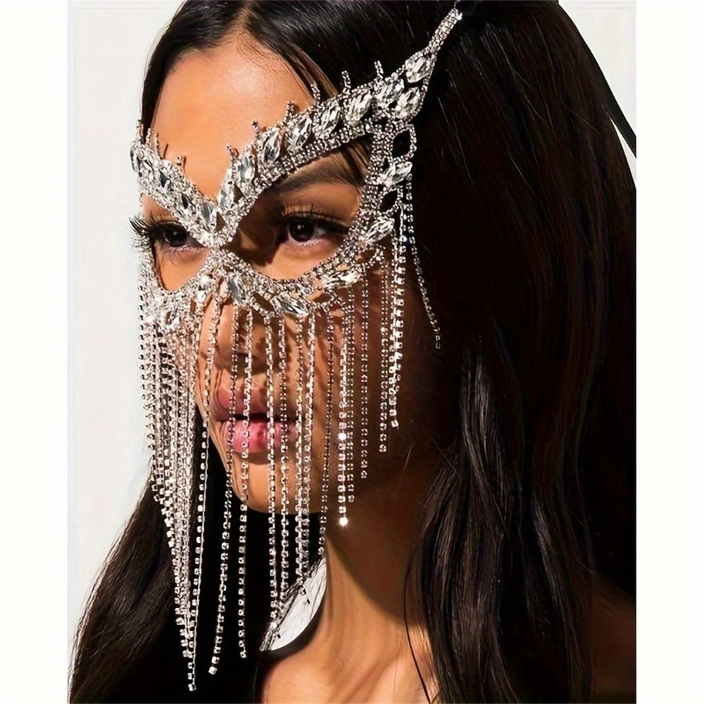Luxury Rhinestone Tassel Mask Exaggerated Gorgeous Party Mask Halloween Fashion Crystal Face Accessory Holiday Gift