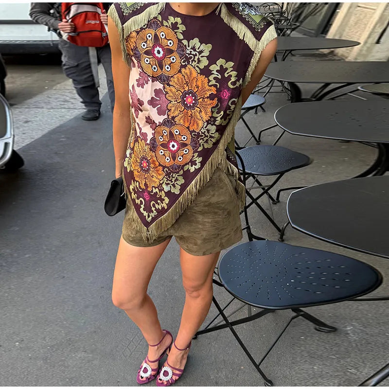 Fashion Tassel Printed Irregular Top Women Loose O-neck Sleeveless Patchwork Vest 2026 Summer Lady New Casual Beach Y2k Outfit