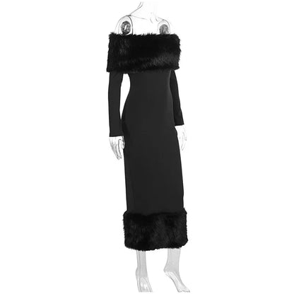 Faux Fur Patchwork Strapless Dress Women Sexy Off-shoulder Full Sleeve Cinched-waist Slim Long Gown Lady Christmas Party Dresses