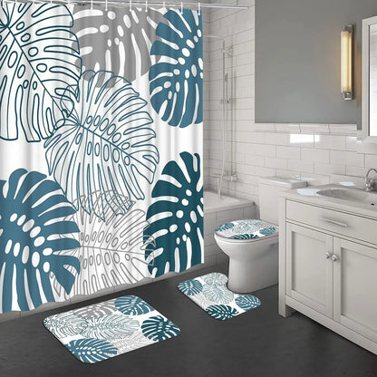 Banana Leaf Shower Curtain Set Non-Slip Rug Bathroom Accessories Tropical Palm Plant    Botanical Floral Green