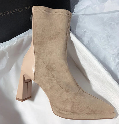 Square High Heel Women Ankle Boots Fashion Zippers Shoes Retro Style Autumn Winter Pointed Toe Ladies Dancing Party Prom Shoes