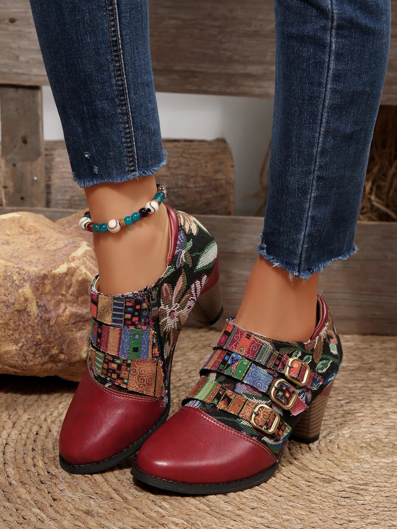 Women's Spring & Fall Short Boots, Bohemian Fashion Splicing Retro Short Boots, Casual Printed Western Leather Boots, Side Zippers, Suitable for Daily Commuting, Vacation, Parties