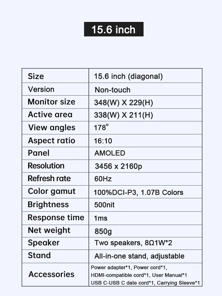 VCHANCE 15.6 Inch 4K Portable Monitor 3456*2160p 100%DCI-P3 500Nits Office Display for PC Laptop Phone XBox Switch Macbook