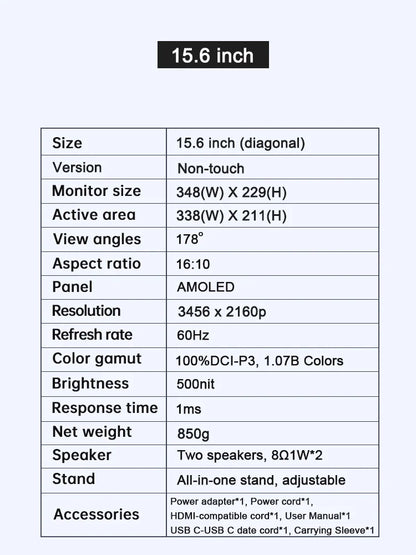 VCHANCE 15.6 Inch 4K Portable Monitor 3456*2160p 100%DCI-P3 500Nits Office Display for PC Laptop Phone XBox Switch Macbook
