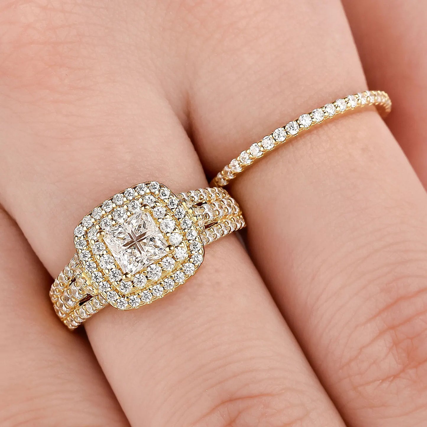 Newshe Luxury 925 Sterling Silver Halo Wedding Ring Set for Women Elegant Yellow Gold Plated Princess Simulated Diamond Rings
