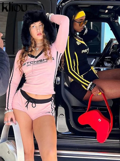 kliou Letter Print Panelled Women 2Piece Set Sporty Autumn Matching Full Sleeve Slim Tees+Bandage Shorts Female Track Streetwear