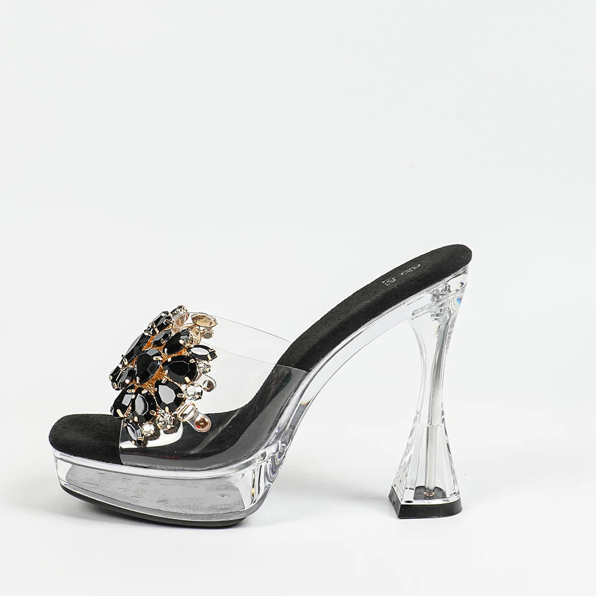 Women Rhinestone Slippers Summer Outside High Heels 2024 New Square Toe Thick Platform Sandals Transparent Shoes Size 43 Mules