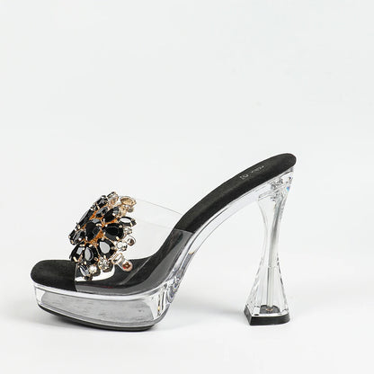 Women Rhinestone Slippers Summer Outside High Heels 2024 New Square Toe Thick Platform Sandals Transparent Shoes Size 43 Mules