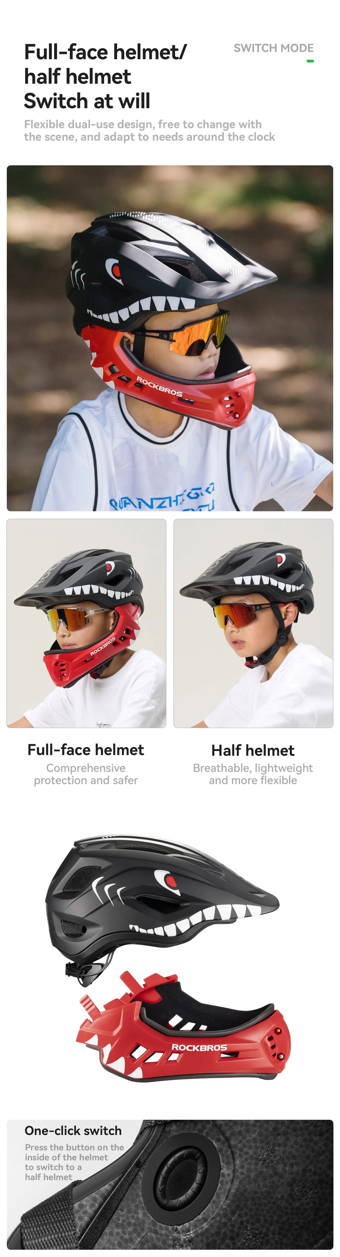 ROCKBROS Child Cycling Helmets Detachable Full Face Helmet Lightweight Adjustable Bicycle Scooter Helmet Safety Breathable