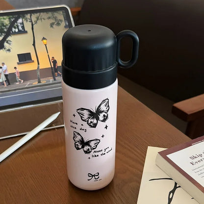 500ml Cartoon Stainless Steel Portable Thermos Cup,Cute Student Water Cup,Outdoor One Cover Dual-use Cup Vacuum Insulated Bottle
