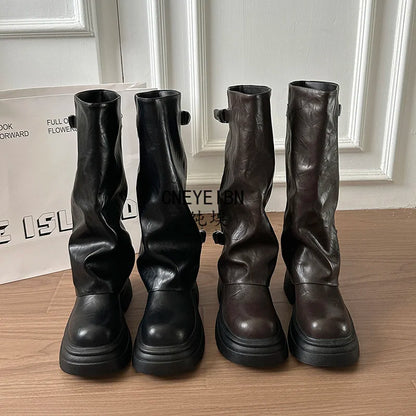 Women Double Buckle Slouch Knee High Boots Round Toe Platform Thick Sole Leather Tall Boots Street Casual Daily Ladies Boots