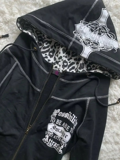 American street hot girl retro print black classic zipper hoodie women's y2k hip-hop trend temperament slim design jacket
