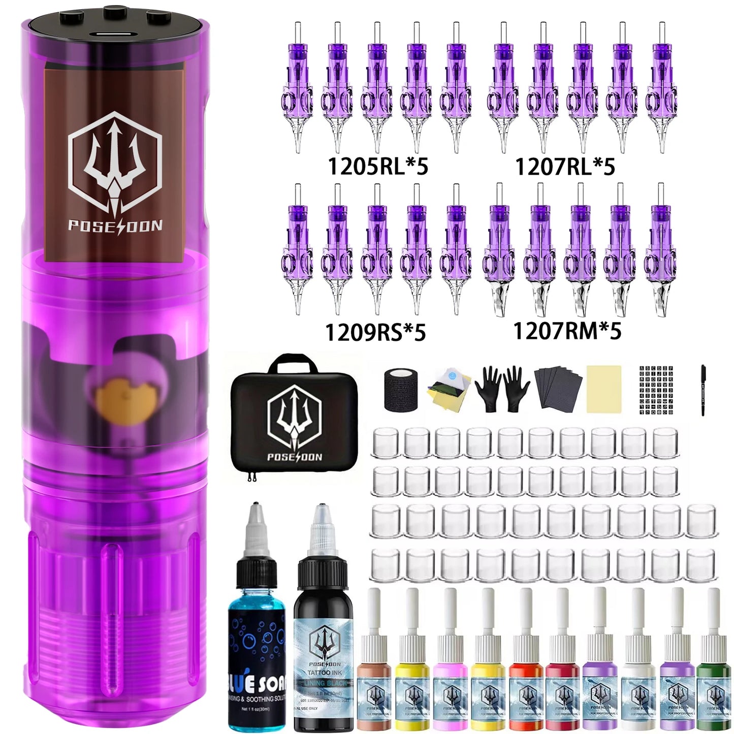 Tattoo Kit POSEIDON High Power Tattoo Pen Kit For Permanent Makeup Tattoo Machine Kit Purple Tattoo Power Supply Tattoo Gun Kit
