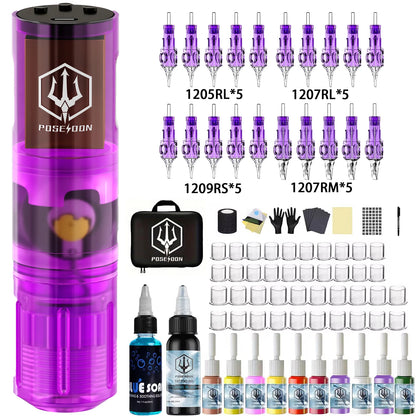 Tattoo Kit POSEIDON High Power Tattoo Pen Kit For Permanent Makeup Tattoo Machine Kit Purple Tattoo Power Supply Tattoo Gun Kit