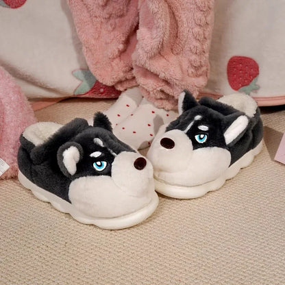 Women Indoor Cotton Slippers Cute Cartoon Dog Winter Warm Shoes Couples Home Floor Slides Anti-slip  Female Male House Footwear