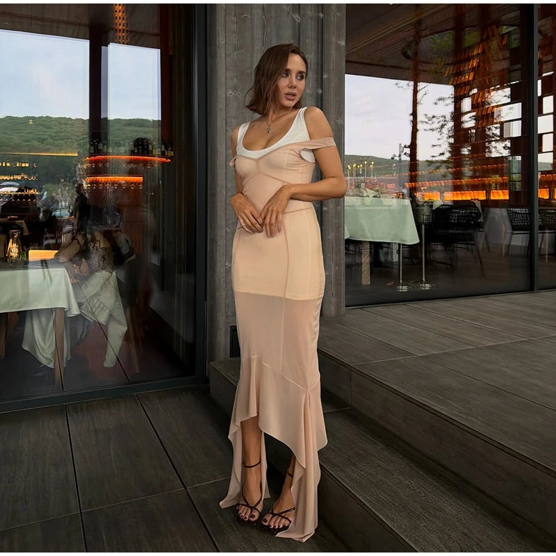 Sheer Mesh Overlay Lace Hem Slip Midi Dress Slim Spaghetti Strap 2026 Summer Elegant Women Bodycon Dress Trendy Date Lady Gown
