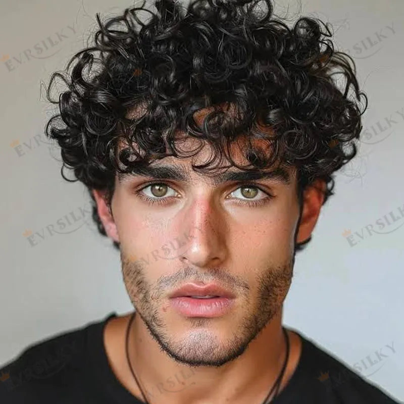 Undetectable Afo Man Jet Black 18mm Curly Micro Skin Base Men Toupee Natural Hairline Man's Curly Human Hair Prosthesis System