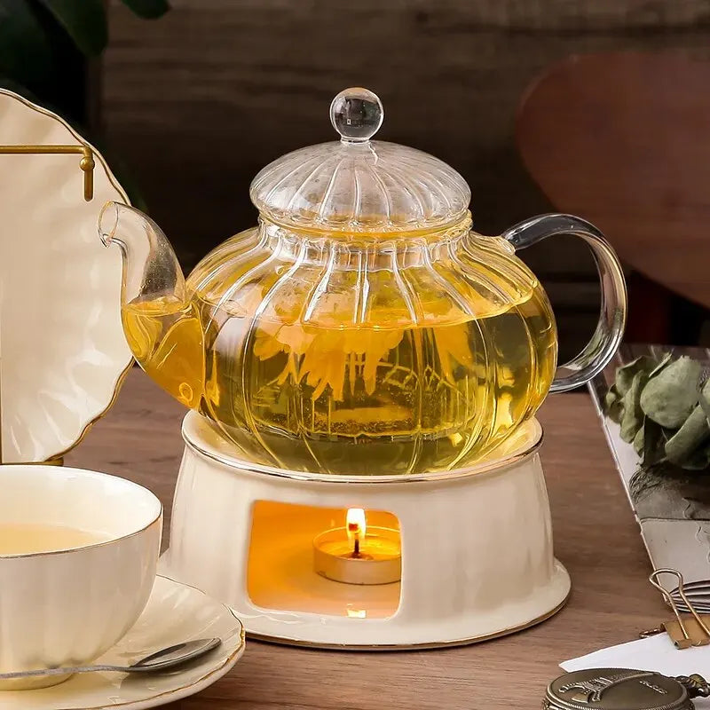 British Handle Ceramic Glass Teapot With Candle Heating Base Set European Porcelain Coffee Pot Afternoon Tea Home Decoration