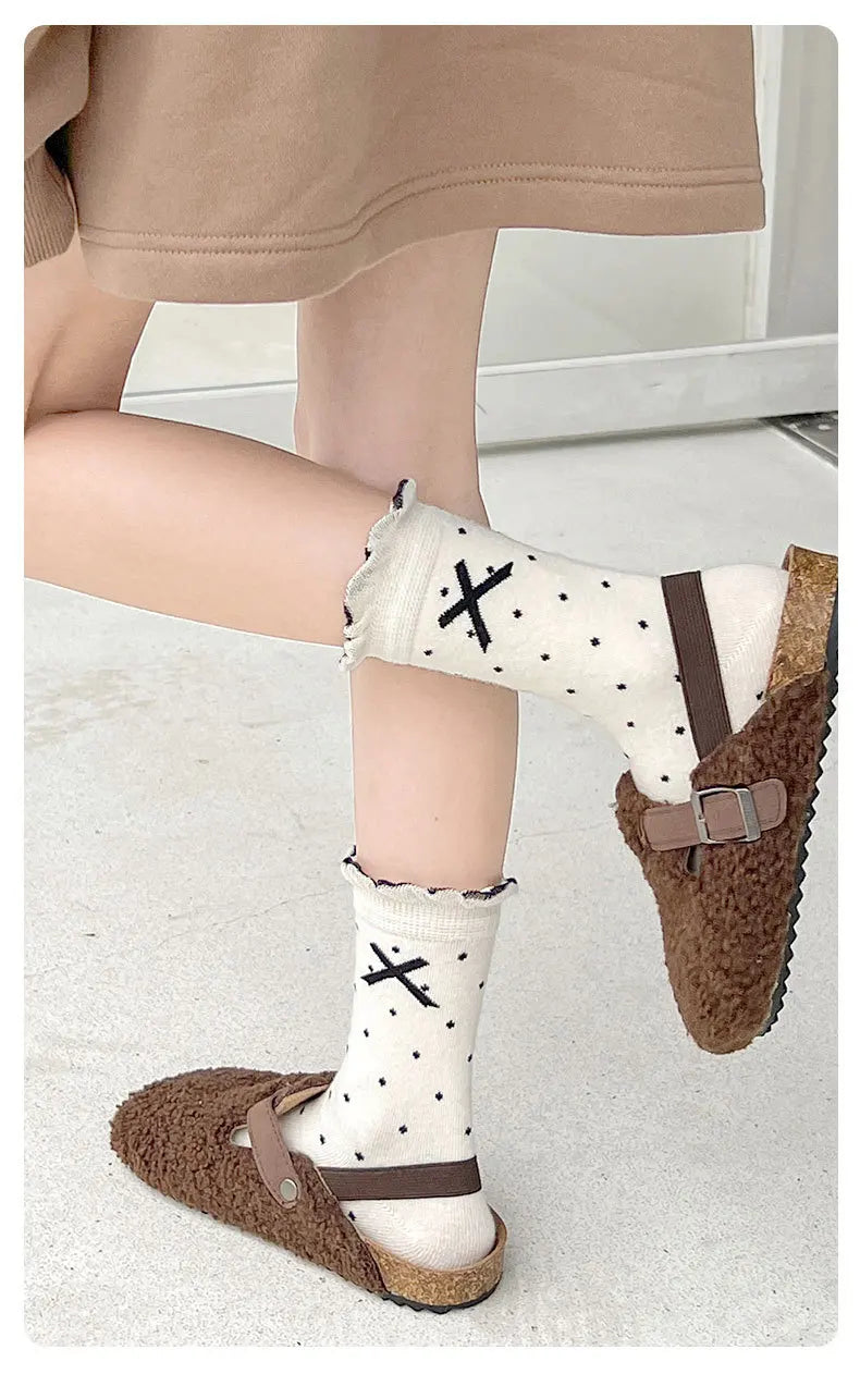 Auutumn Winter Girls Socks Retro Maillard Color Ruffle Socks Children's Calf Socks Cotton Socks  5 Pairs