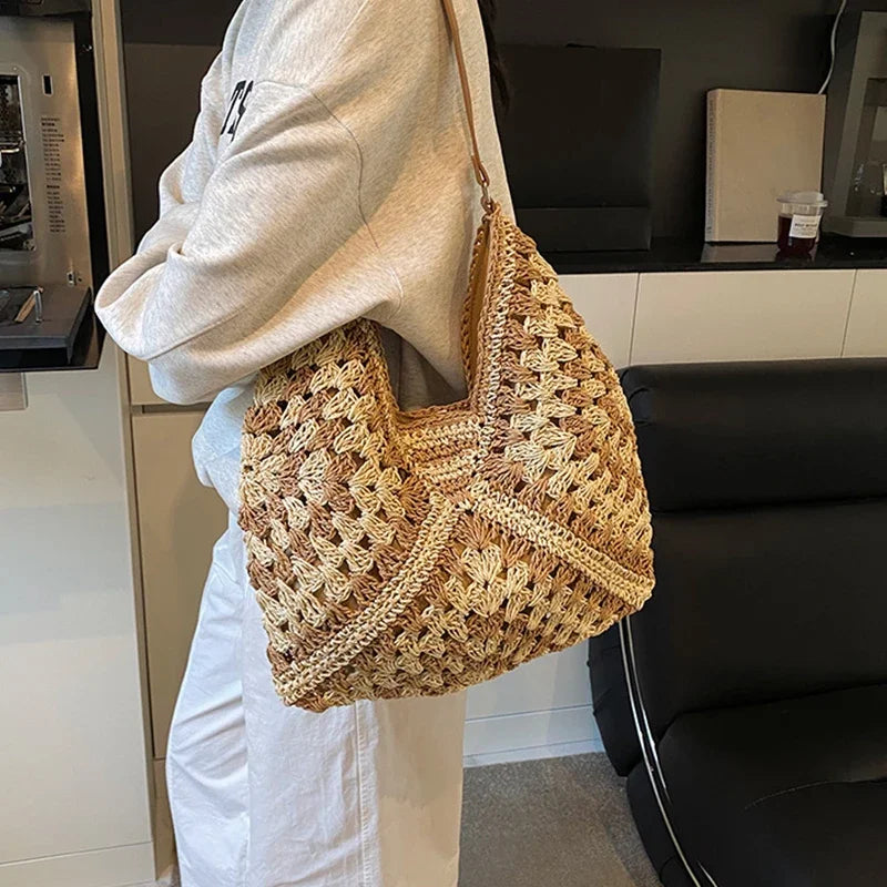 Ladies Knitted Straw Handbag Hollow out Hand Woven Beach Shoulder Bag for Women Seaside Tote Perfect for Vacations