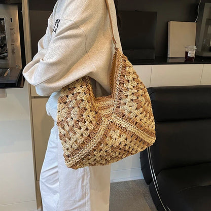 Ladies Knitted Straw Handbag Hollow out Hand Woven Beach Shoulder Bag for Women Seaside Tote Perfect for Vacations