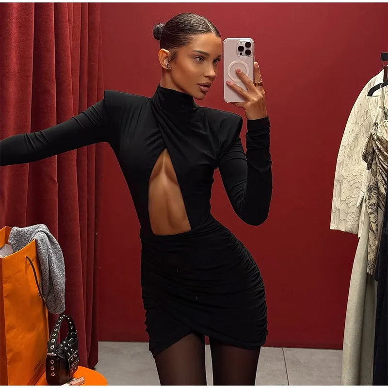 Sexy Hollow-out Pleated Mini Dress Women Fashion Solid Half High Collar Long Sleeve Slim Dresses 2025 Lady Party Club Robes
