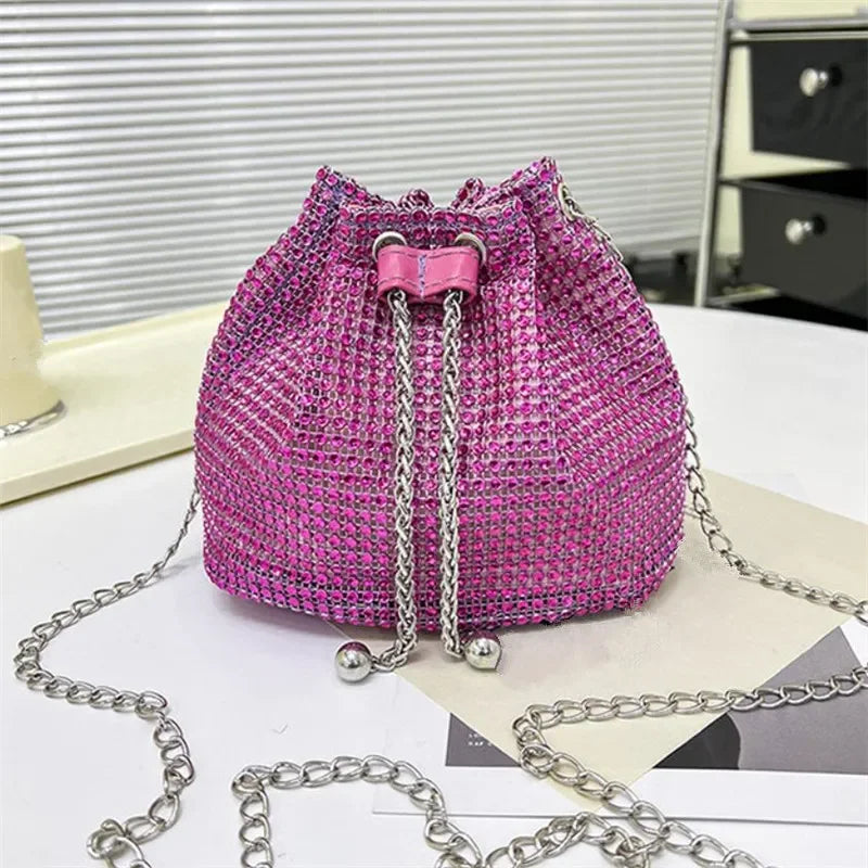 Sparkling Rhinestone Embellished Drawstring Crossbody Bag for Women Multi-Functional Bucket Purse with Detachable Chain Strap