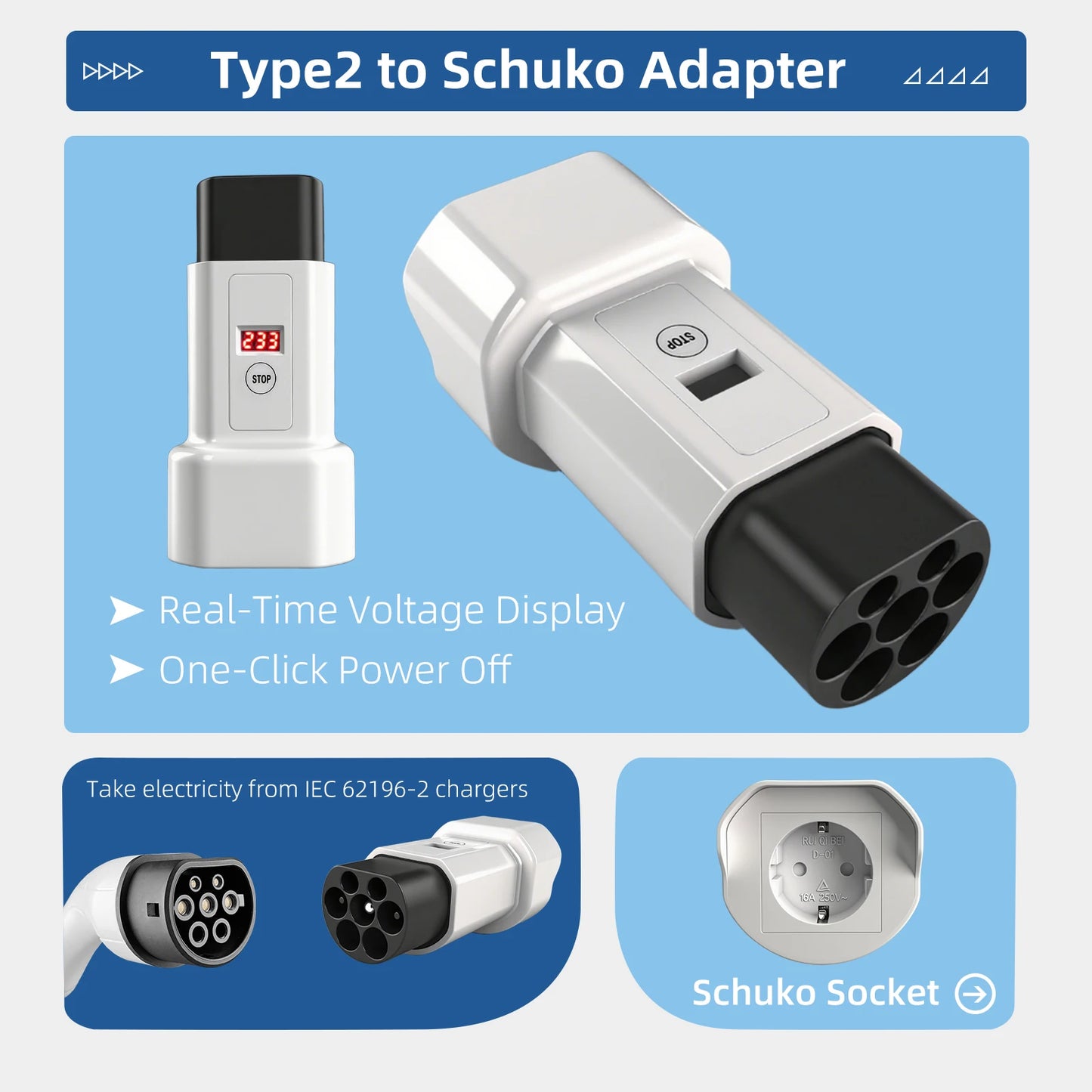 EVqiaoyi Type2 to Schuko Socket EV Adapter Type2 to 220V Converter Male Discharging Plug for IEC 62196-2 Charging Stations