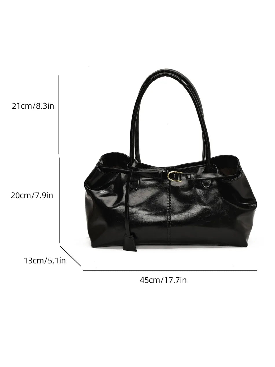 Women's Vintage Glossy Oil Wax Leather Tote Bag Buckle Casual Shoulder Handbag Elegant Work Bag for Daily Commute Top-handle Sac