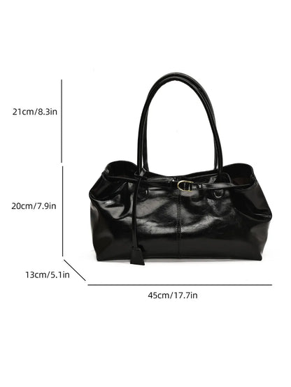 Women's Vintage Glossy Oil Wax Leather Tote Bag Buckle Casual Shoulder Handbag Elegant Work Bag for Daily Commute Top-handle Sac