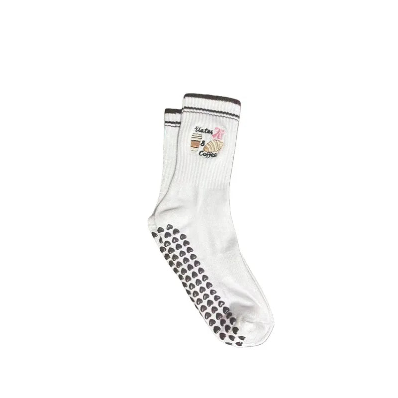 European sizes 36-43, 1 Pair of Heart-Shaped Lace Embroidered Yoga Socks, Mid-Calf Length, for Women