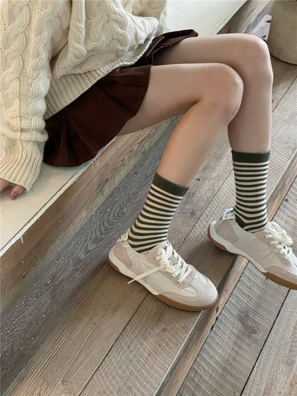 Korean Simple Colored Striped Cotton Socks Women’s Autumn Winter Breathable Middle Tube Socks College Style Trendy Casual Socks