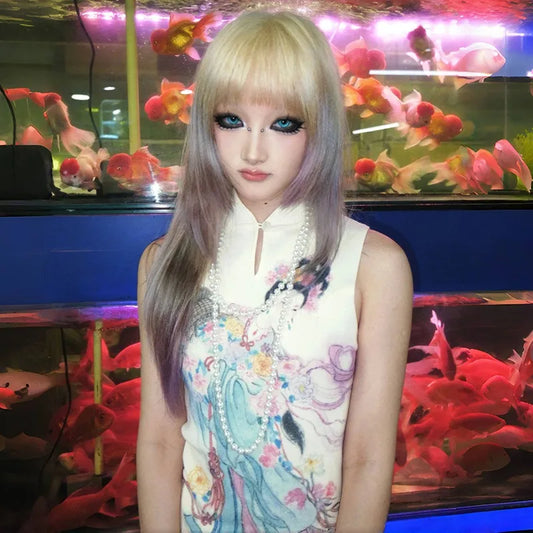 Karrram Japanese Y2k Ribbed Tank Top Fairycore Print Sleeveless Tops Vintage Harajuku Slim Tanktop 2000s Aesthetics Clothes 90s