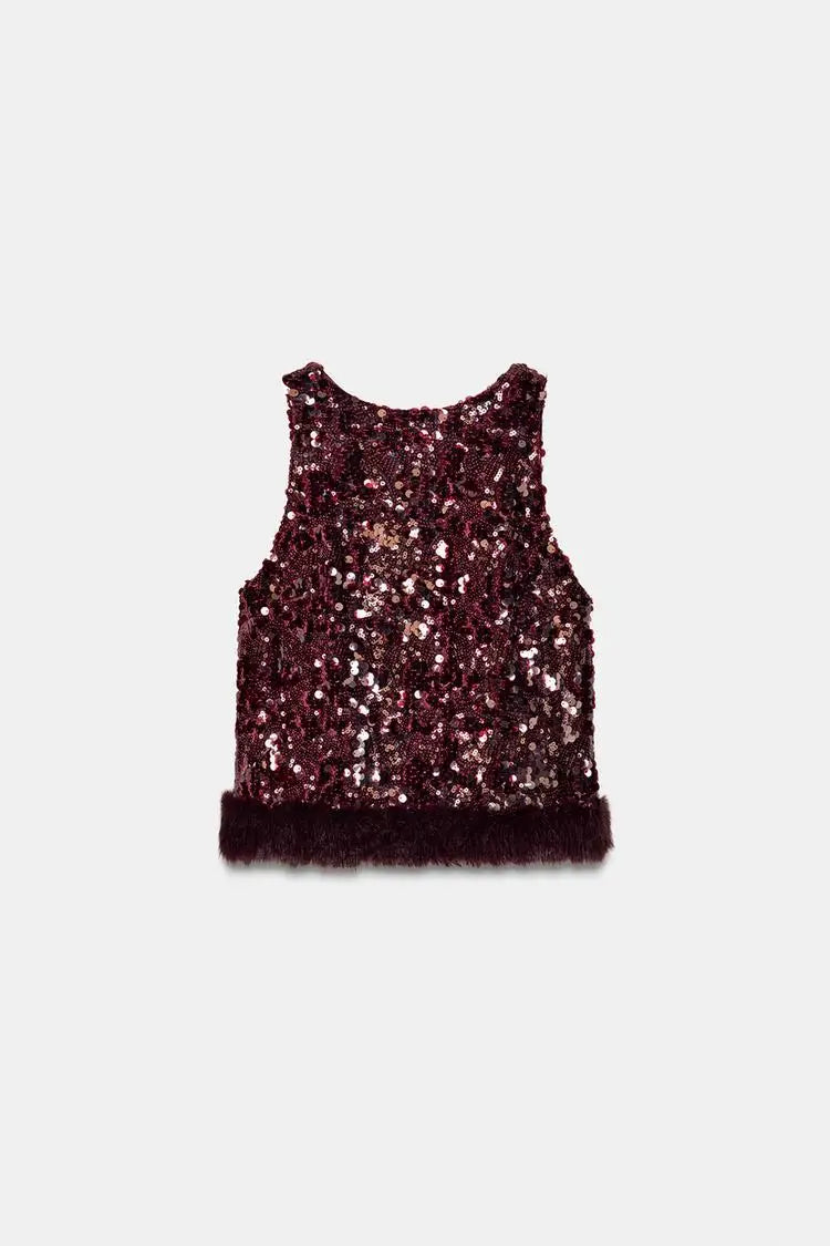 Chic Sequin Sleeveless Top Pants Set Women Faux Fur Patchwork Tops High Waist Straight Trousers Sets Lady Party Street Outfits