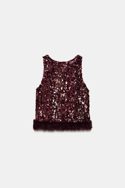 Chic Sequin Sleeveless Top Pants Set Women Faux Fur Patchwork Tops High Waist Straight Trousers Sets Lady Party Street Outfits