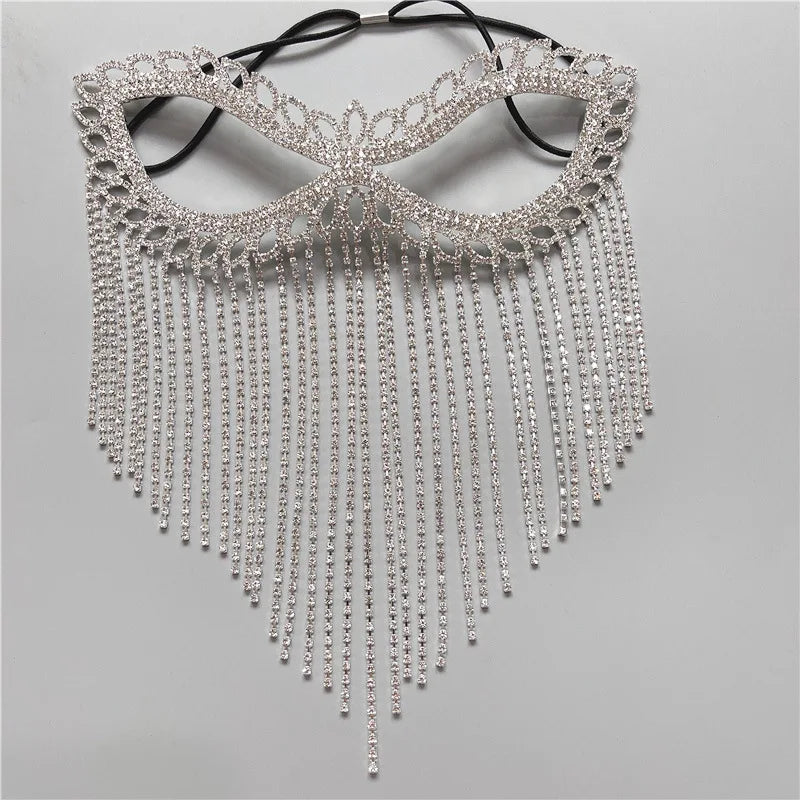 Charms Sexy Rhinestone Tassel Masquerade Face Jewelry For Women Facial Accessories Banquet Party Mask Full Face Chain Decoration