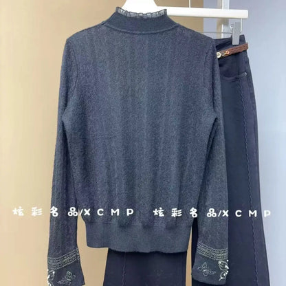 Women Clothes Autumn Winter Fashion Simplicity Lace Patchwork Knitting Half High Collar Female Solid Color Temperament Bottoming