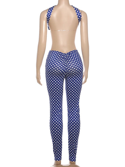 Sisterlinda Women Backless Tracksuit Dot Print Sexy 2 Piece Set Halter Tank Tops+Leggings Matching Streetwear Stretch Outfits
