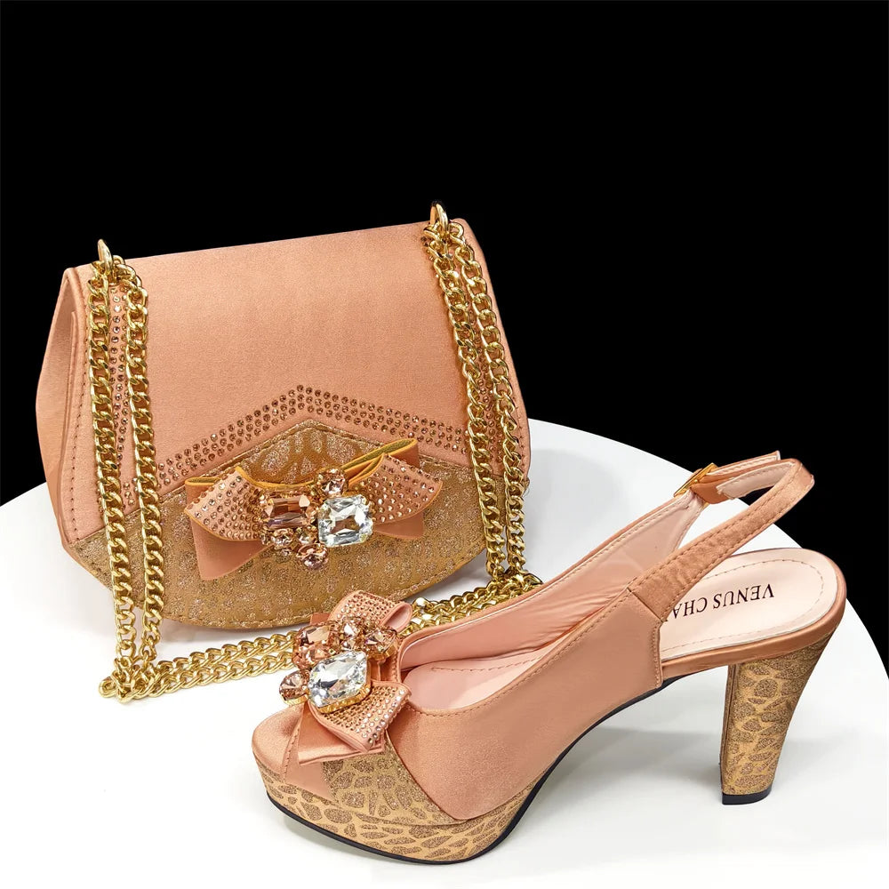 Venus Chan Nigerian Women Heel Party Shoes and Bag Set Royal Blue Colour Rhinestone Handbag Italian Design Wedding INS 2024