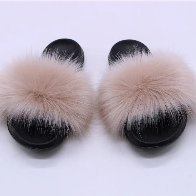 Women's  Faux Fox Fur Slides Fluffy Open Toe Slippers Indoor Outdoor Casual Flat Sandals Luxury Furry Slide Shoes for Ladies