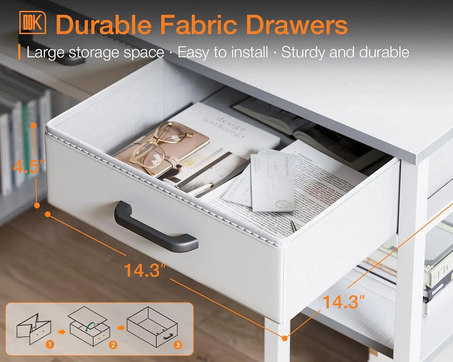 Small Computer Desk for Home Office, 48"x16" Writing Desk with Fabric Drawers & Storage Shelves, White