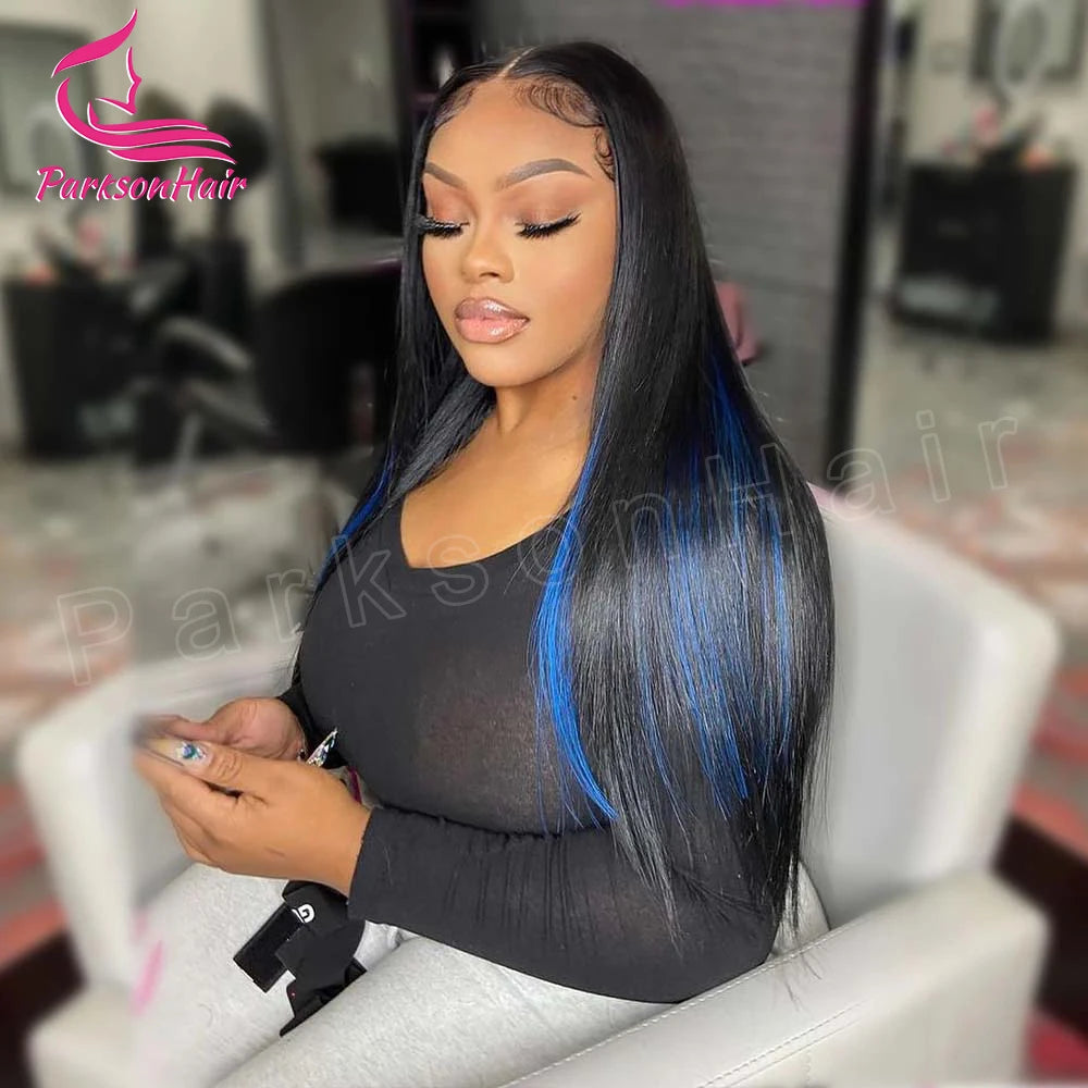 13*4 13*6 Straight Highlight  Black With Blue Lace Frontal Wigs Human Hair Wig For Black Women Brazilian  Hair Full Lace Wigs
