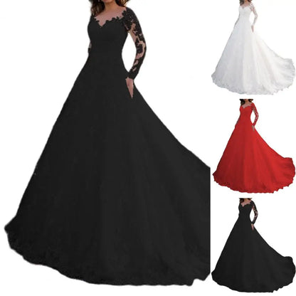 Detail Lace Cocktail Party Dress Floral Embroidere Maxi Dress Women Wedding Bride Dress Lace Long Sleeve Back Zipper Lace