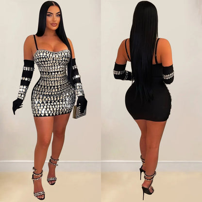 GLCMYAYA Women Diamonds Hot Rhinestones Crystal Spaghetti Strap Birthday Bodycon Midi Dress Sexy Party Even Dresses Vestidos